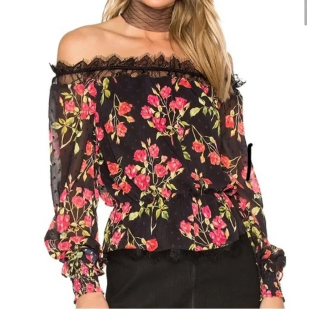 NWT NBD Black & Red Floral Semi-sheer Dylan Off-the-shoulder top with Lace XS
